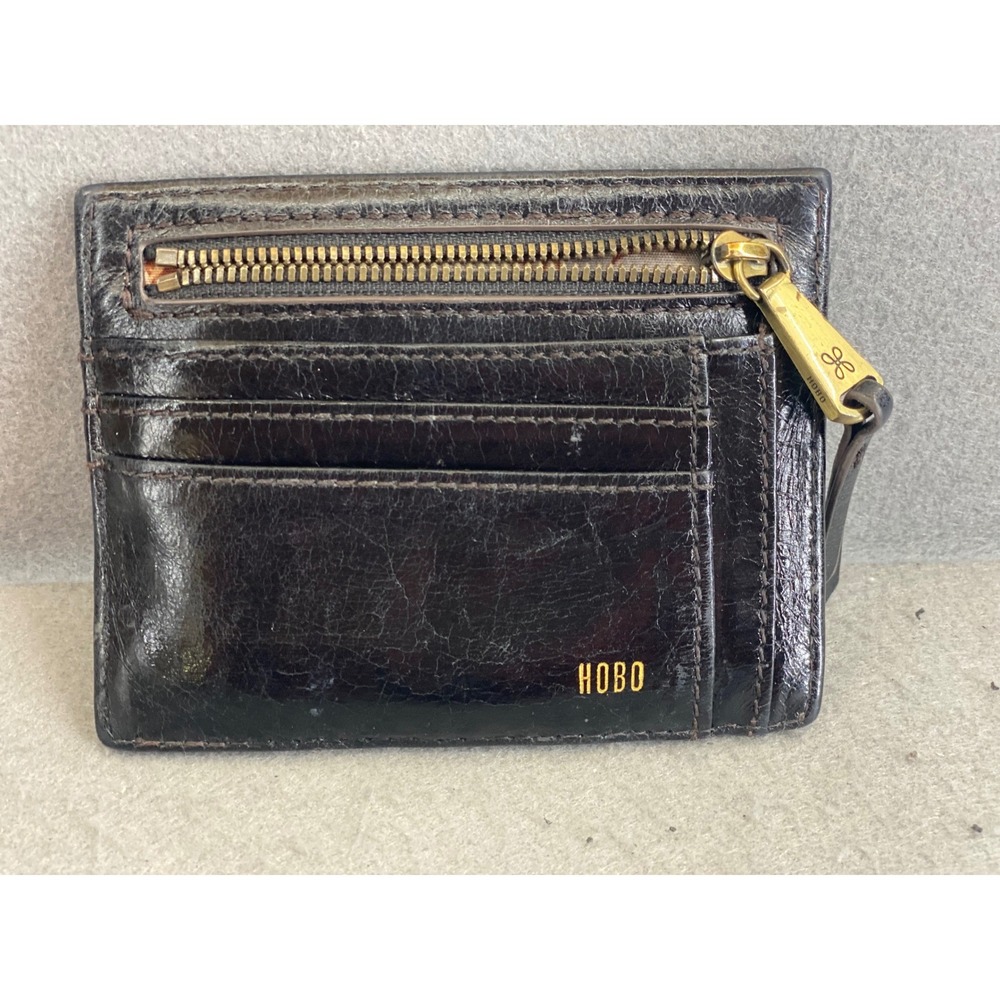 HOBO Black Leather Card Case Wallet Zip ID Window Slim Minimalist Pocket Purse - Picture 3 of 4